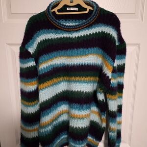 Zara Men's Striped Turtleneck Sweater — Teal, Dark Green, Light Blue & Mustard